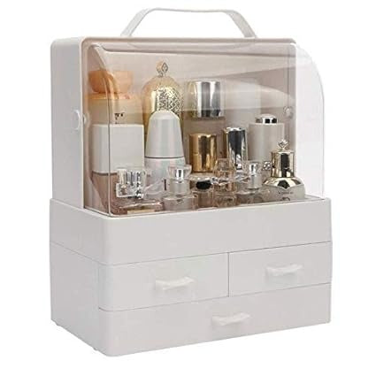 Makeup Organizer Modern Cosmetic White Storage Box | Portable Handle Fully Open Waterproof Lid Dust Proof 3 Drawers Great For Bathroom, Dresser, Counter Top