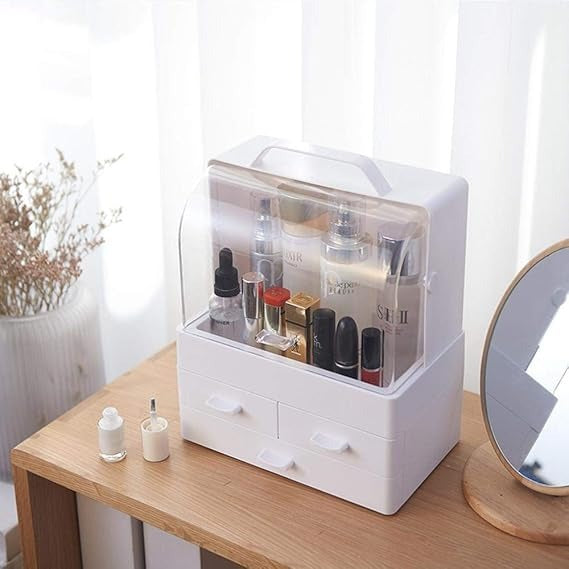 Makeup Organizer Modern Cosmetic White Storage Box | Portable Handle Fully Open Waterproof Lid Dust Proof 3 Drawers Great For Bathroom, Dresser, Counter Top