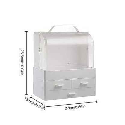 Makeup Organizer Modern Cosmetic White Storage Box | Portable Handle Fully Open Waterproof Lid Dust Proof 3 Drawers Great For Bathroom, Dresser, Counter Top